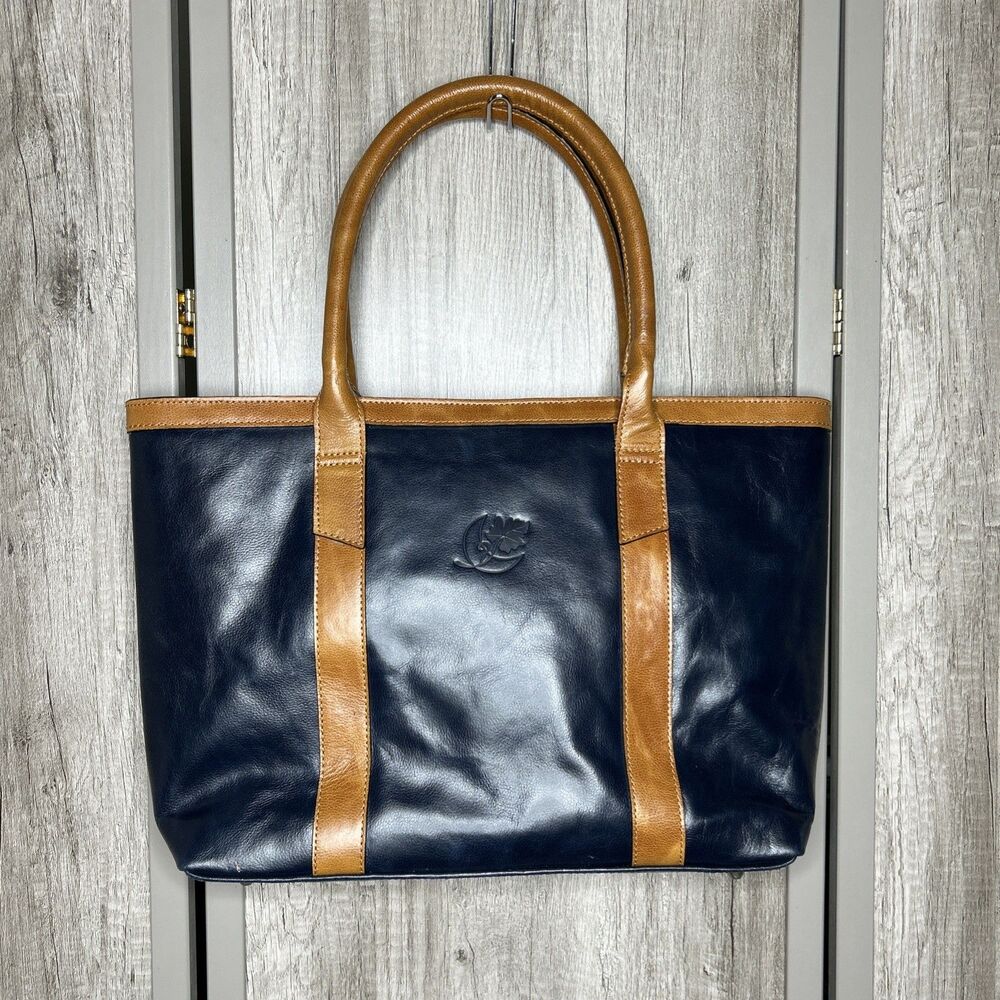 Links and Kings Ladies Tote Handbag Shoulder Bag Large Navy Blue Tan Color Zip